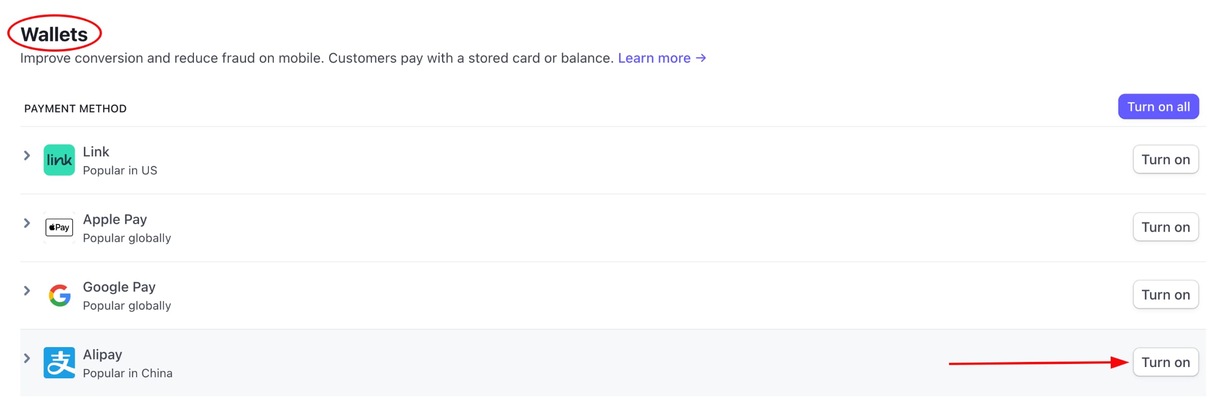 Payment methods settings in Stripe