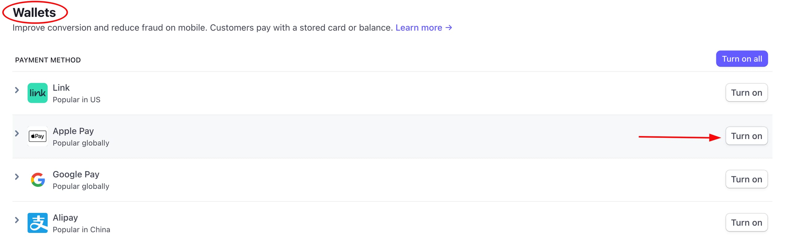 The Turn on button next to Apple Pay in the Stripe payment methods settings