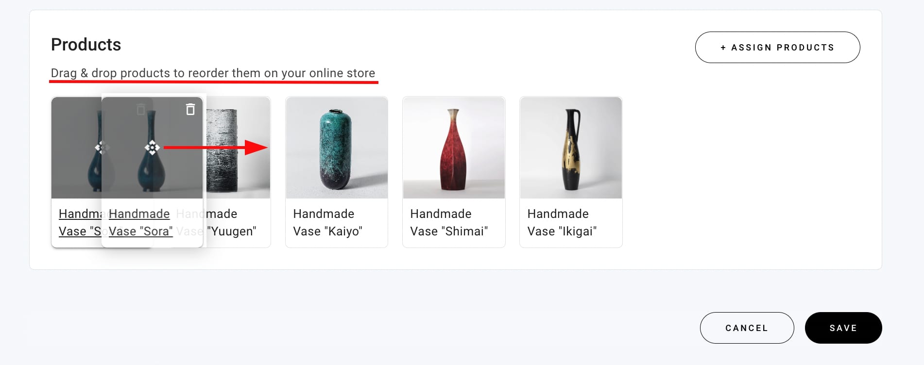 Changing the product order within a product category in Hostinger Website Builder