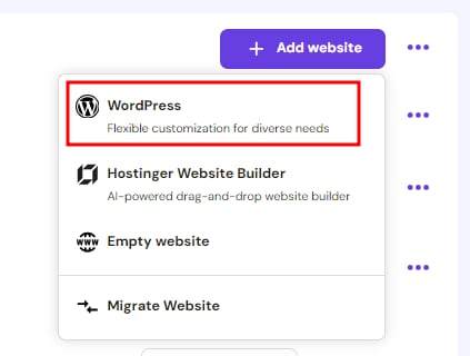 The option to add a WordPress website to a hosting plan at Hostinger.