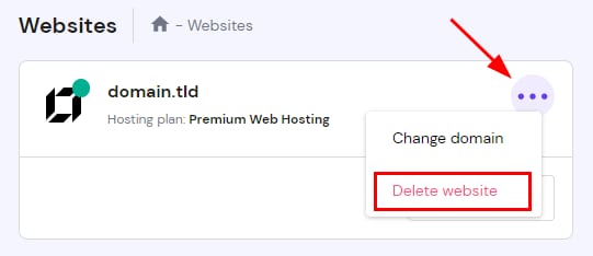 The option to delete a website on hPanel