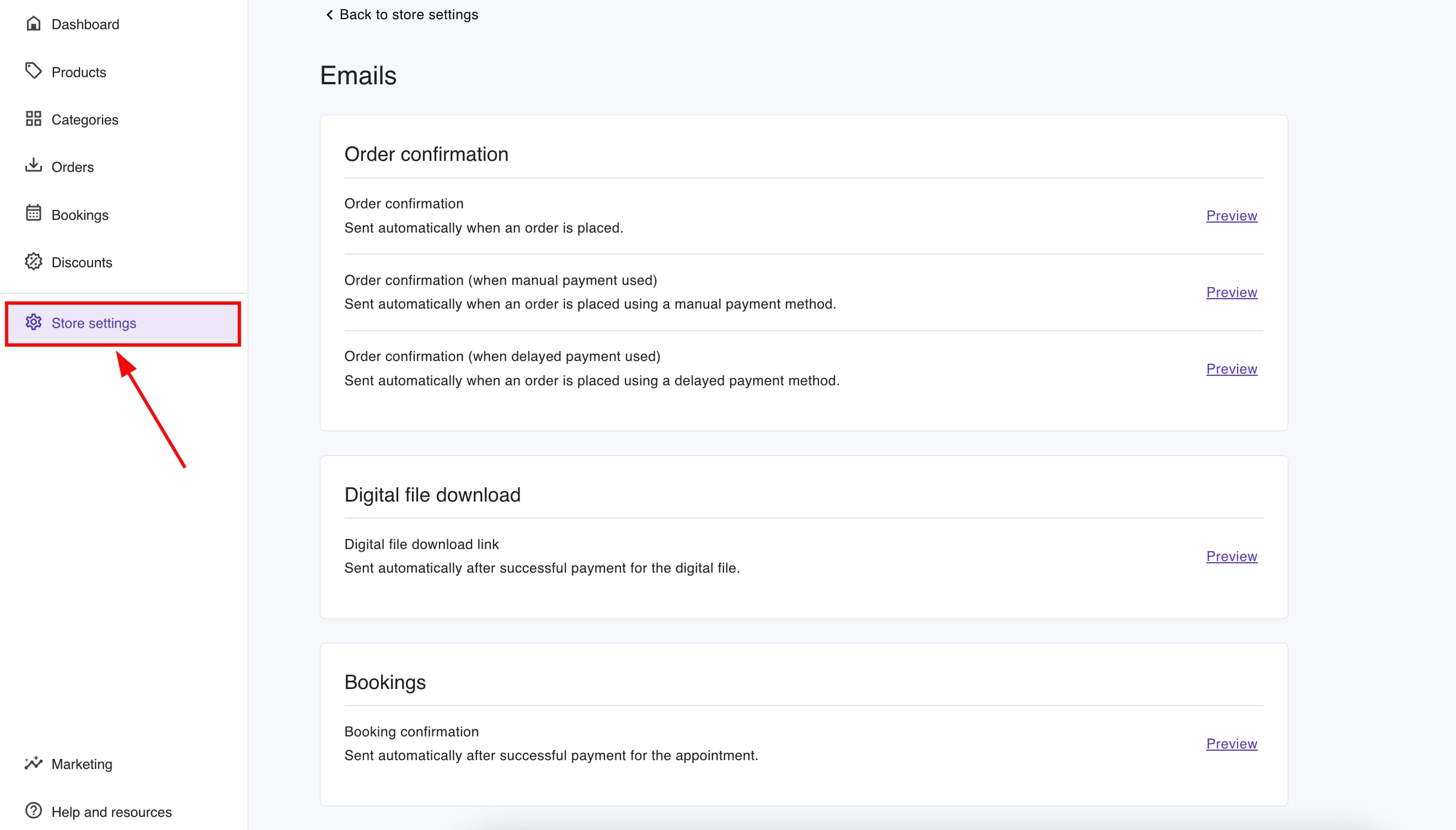 Emails settings in the online store created with Hostinger Website Builder