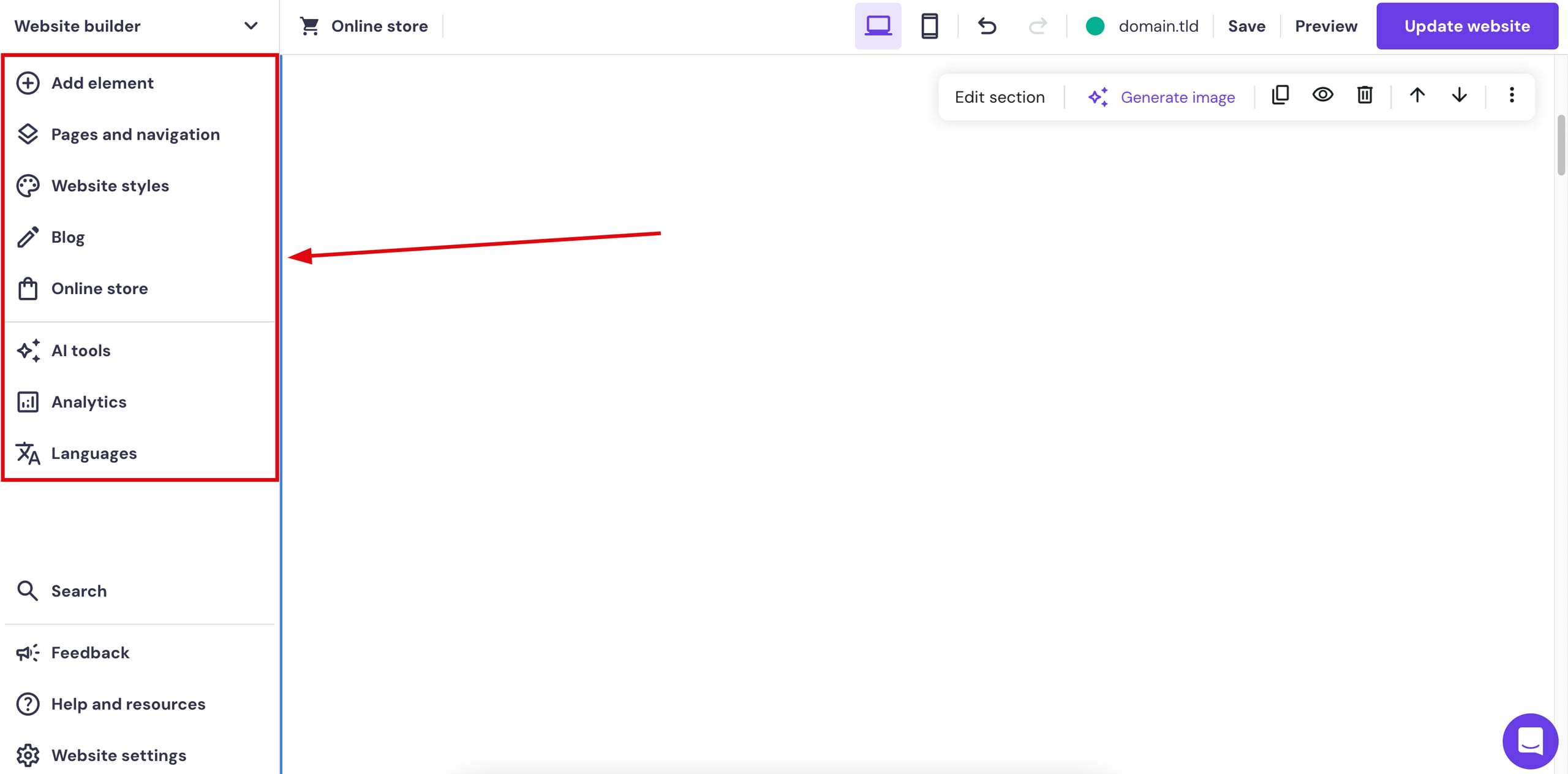 Website building tools in Hostinger Website Builder