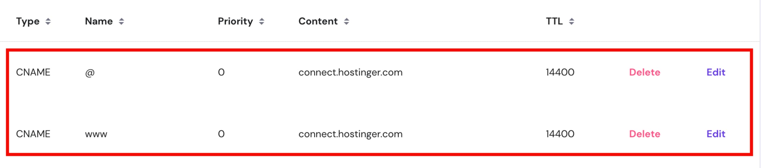The A and CNAME records required to point a domain to Hostinger Website Builder