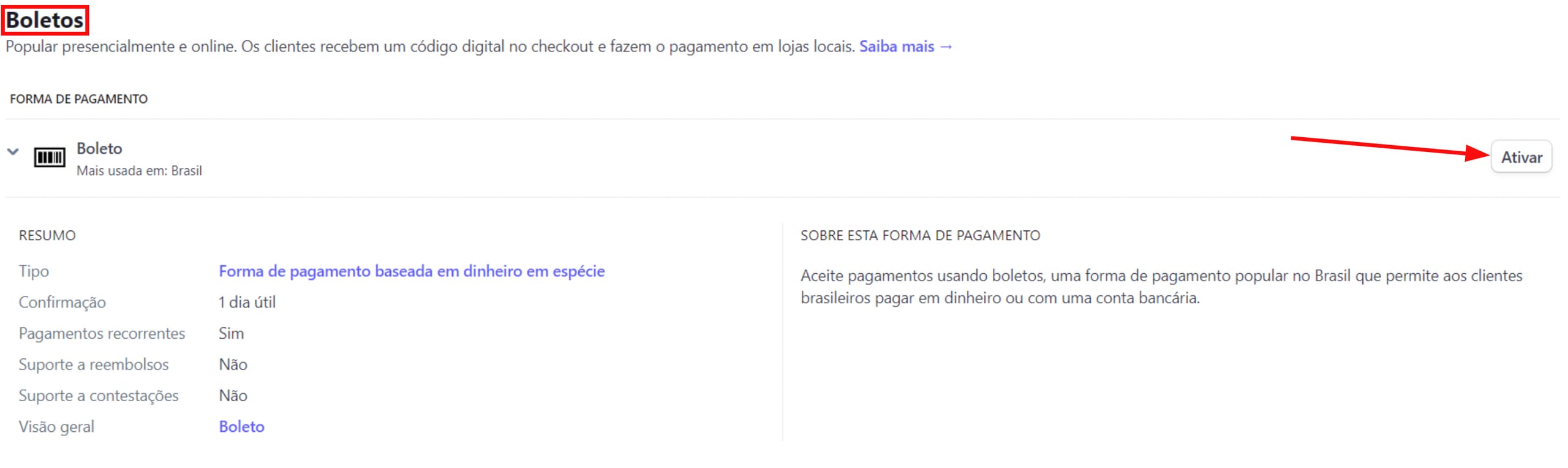 Enabling Boleto payments in the Stripe dashboard
