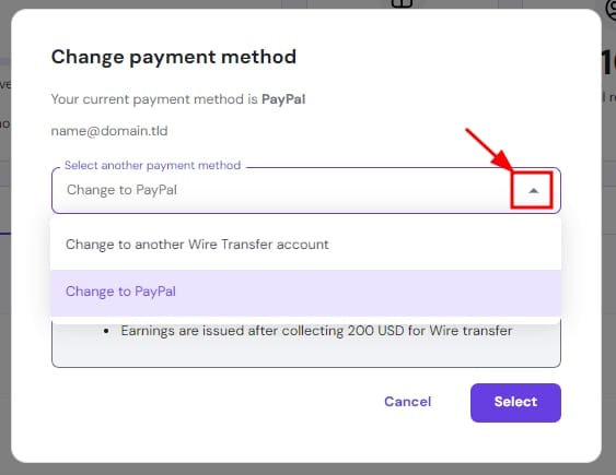 The change payment method pop-up.