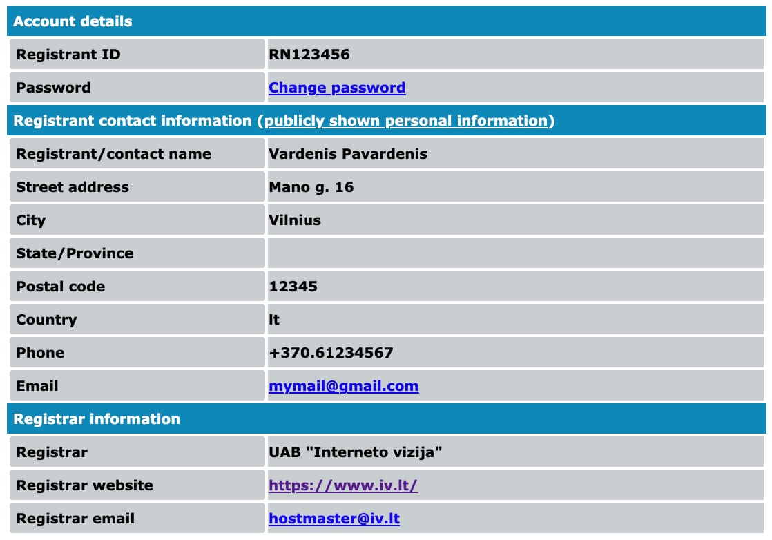 The domain's contact details at domreg.lt