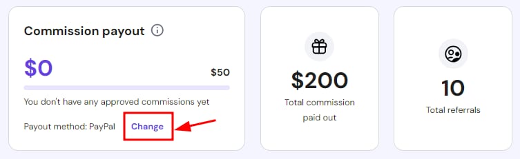 The Comission payout section highlighting the option to change the payout method.