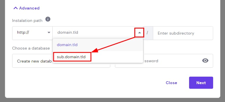 The option to install the application on a subdomain using Auto Installer
