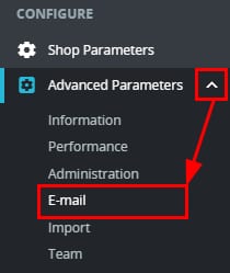 The E-Mail option in PrestaShop's Advanced Parameters
