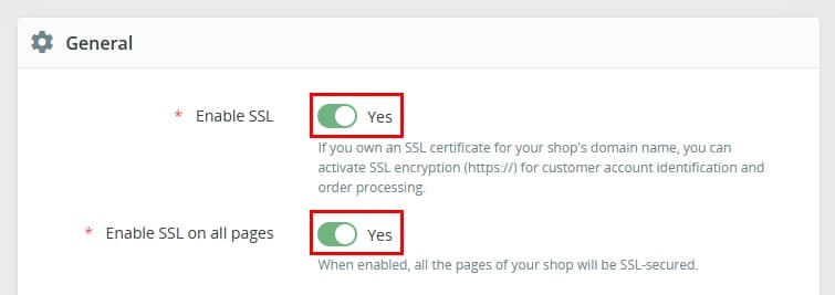 The PrestaShop Admin Panel showing SSL enabled for the shop's domain name and for all the pages