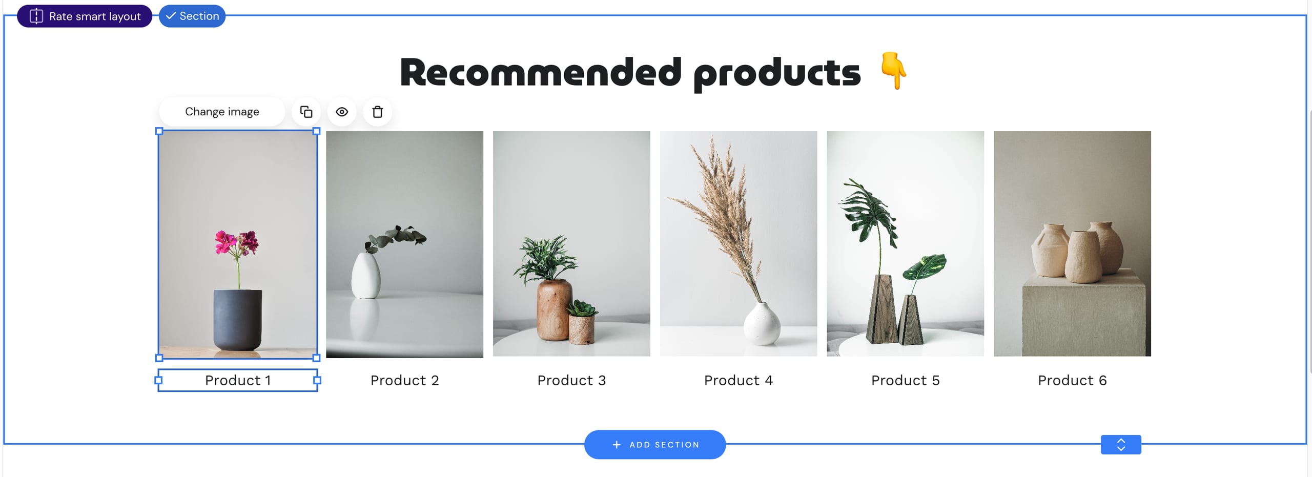 Recommended products displayed using image and text elements in a regular section