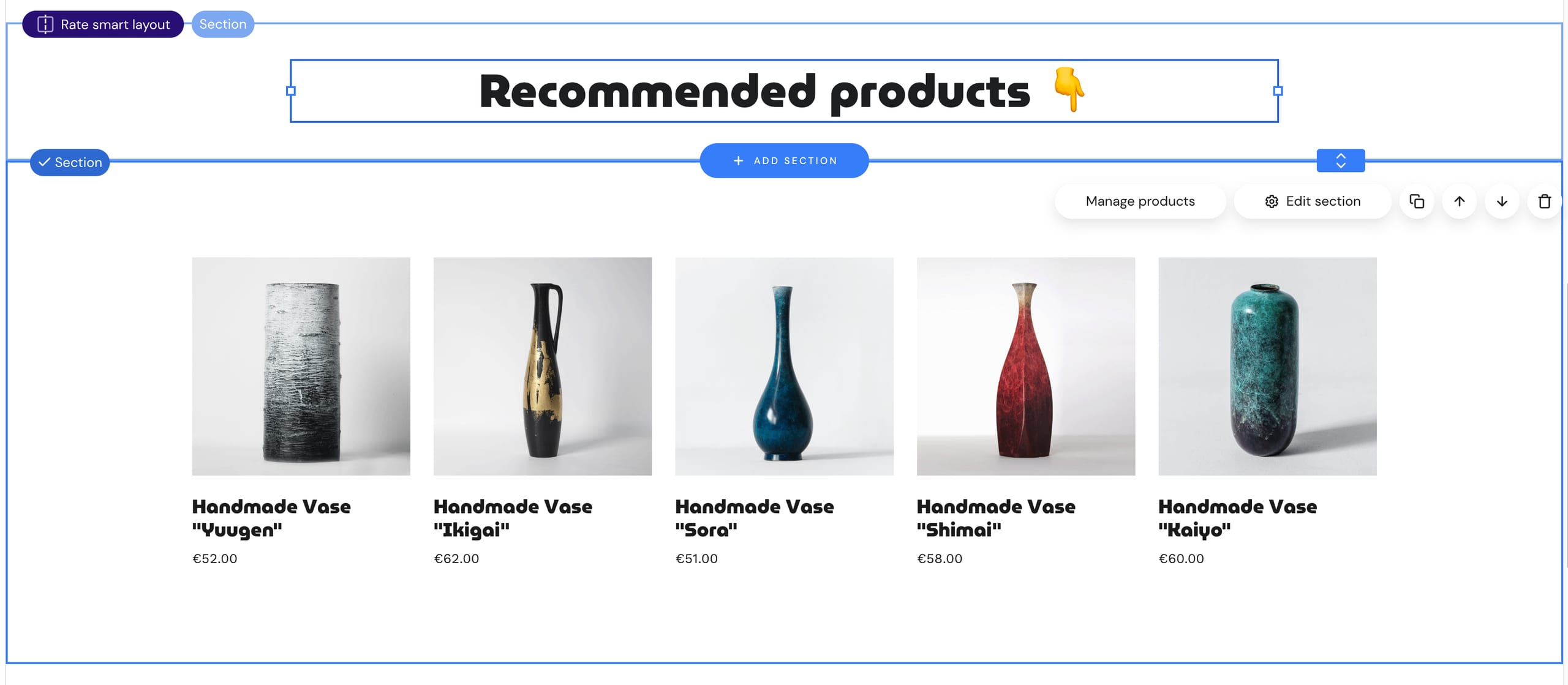 The recommended products category displayed using a product list section