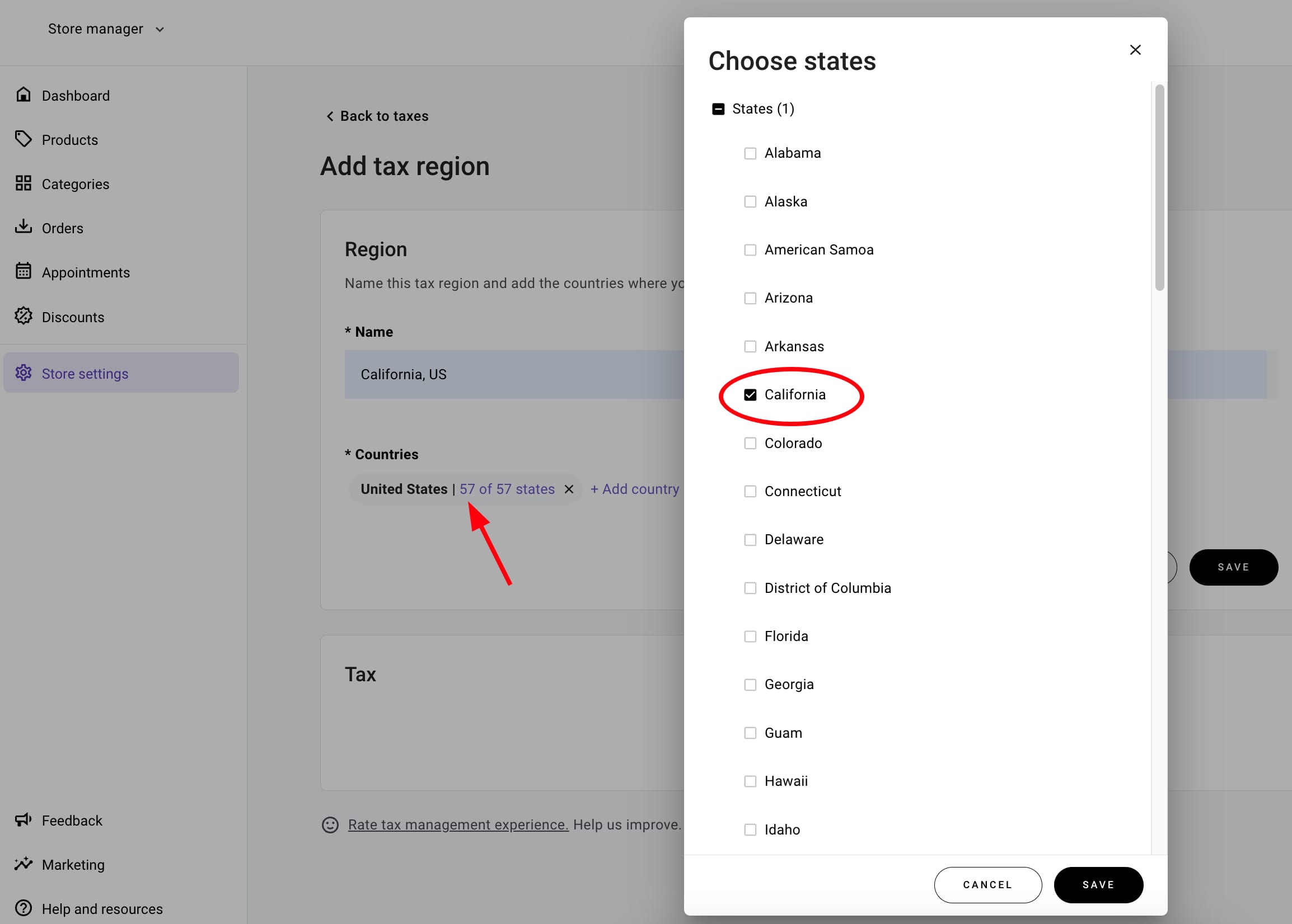 Creating a tax region in Hostinger Website Builder