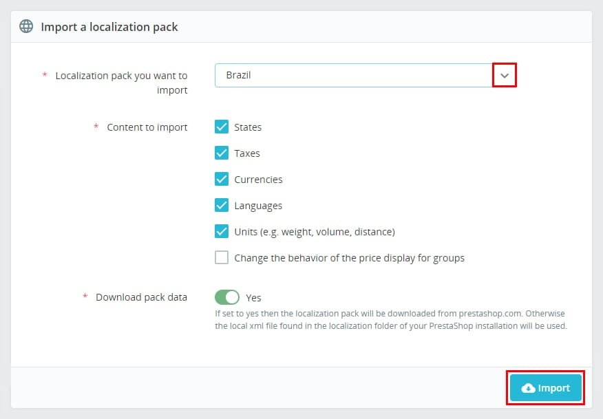 The Import a localization pack on PrestaShop Administrator Panel