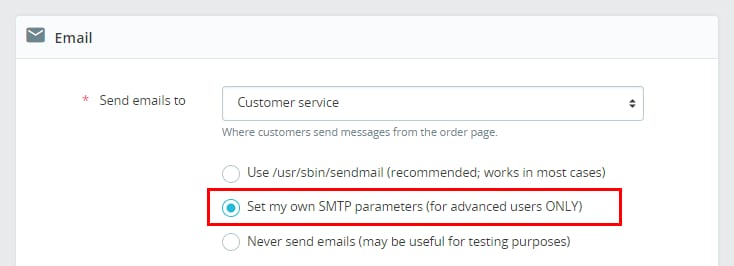 The Email section at PrestaShop showing email sending, Set my own SMTP parameters is selected