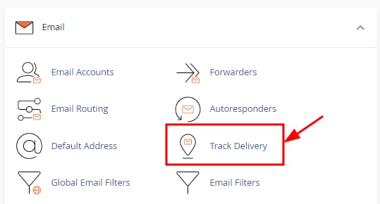 The cPanel Email section showing how to access the Track Delivery page