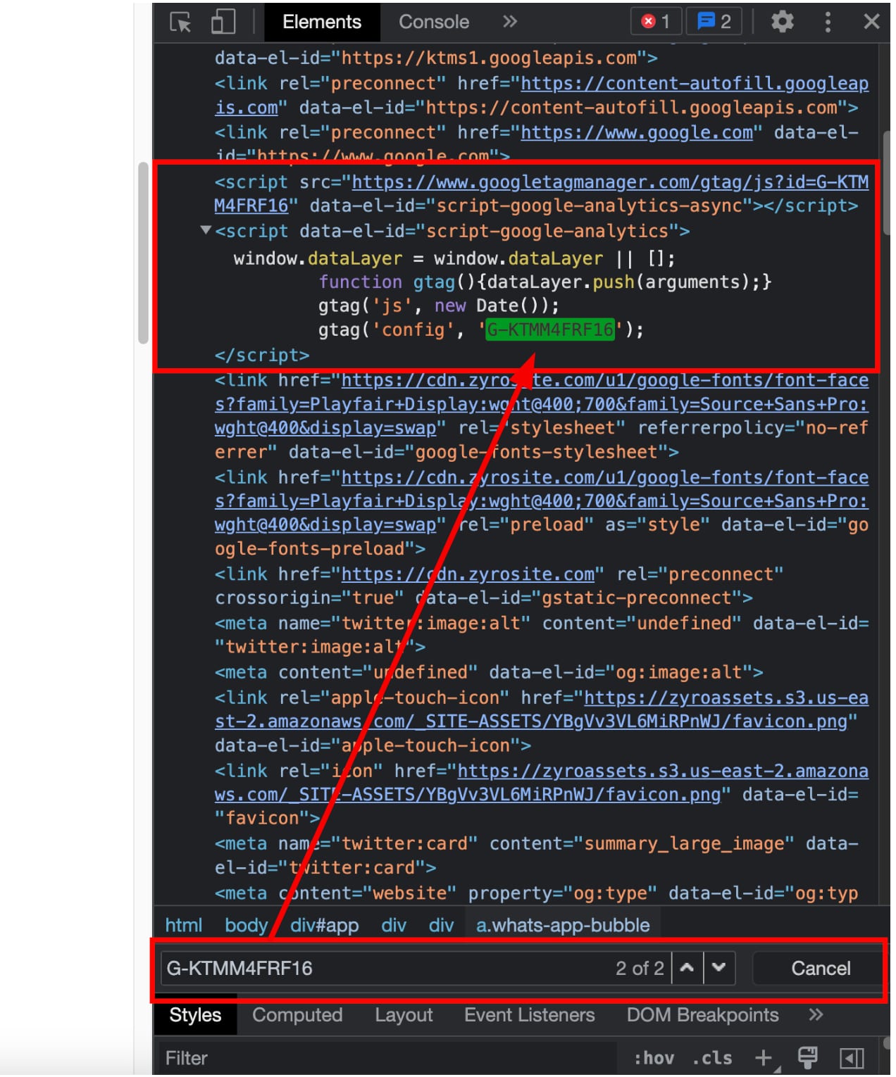 The search in the website's source code