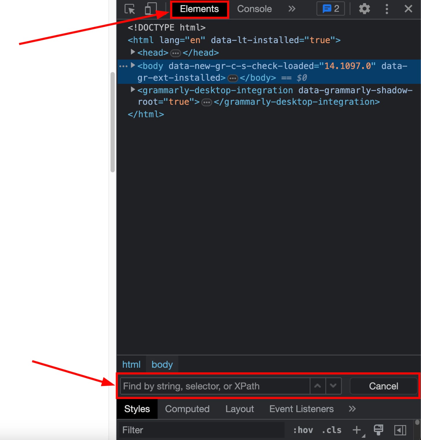 The Elements tabs in a browser's DevTools, and the search field within