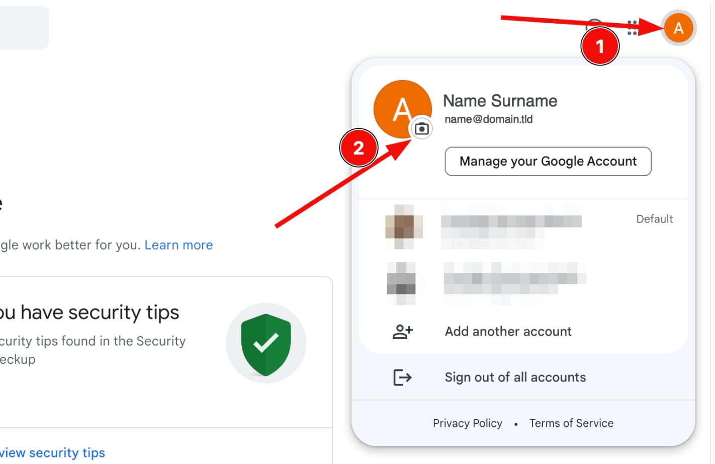Changing the profile picture in the Google account settings