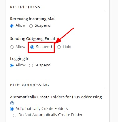 The Restrictions section of cPanel emails showing how to suspend sending outgoing email