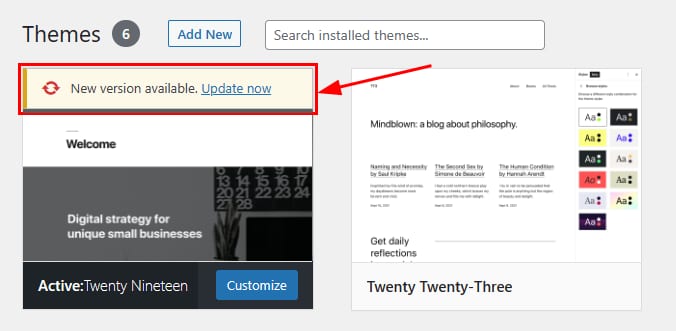 The Themes section on WordPress Admin page showing how to update a theme
