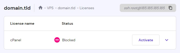 The VPS Licences section on hPanel showing a Blocked status