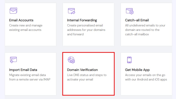 The Titan Email dashboard showing how to access the Domain Verification section
