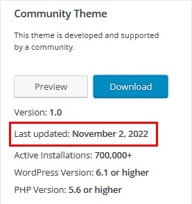 The Last Updated date on the theme details