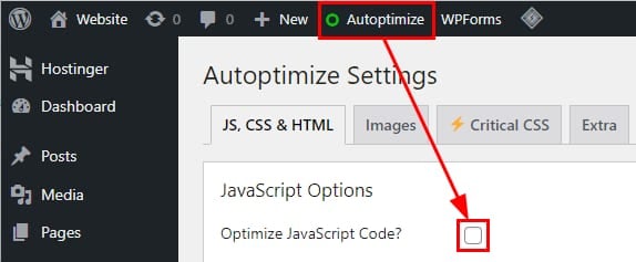 The Autoptimize Settings page showing how to enable optimization options