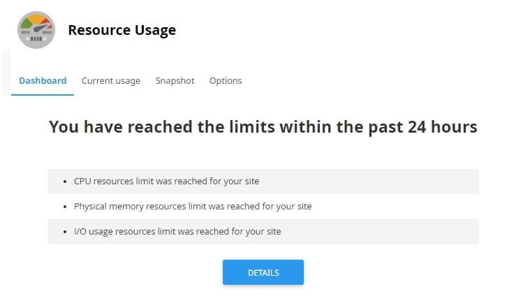Example of resource limit warning in cPanel that will cause website overload