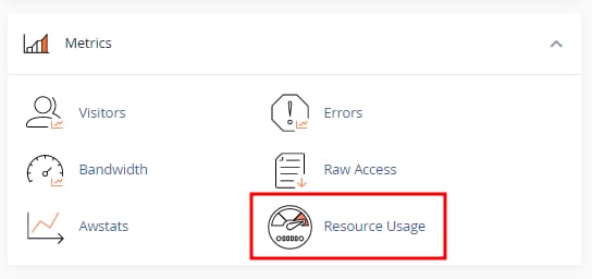 The cPanel Metrics section showing how to access the Resource Usage page
