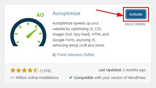 The Autoptimize plugin on the WordPress admin page showing how to activate it