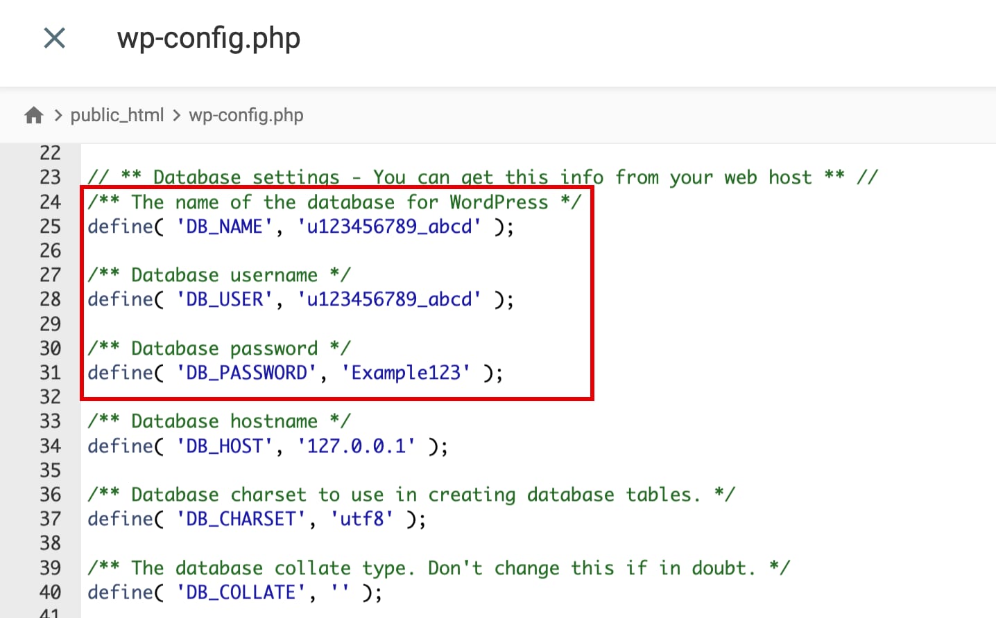 Updating the database details in the website's configuration file