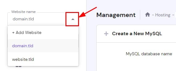 The Database management section showing how to select the website