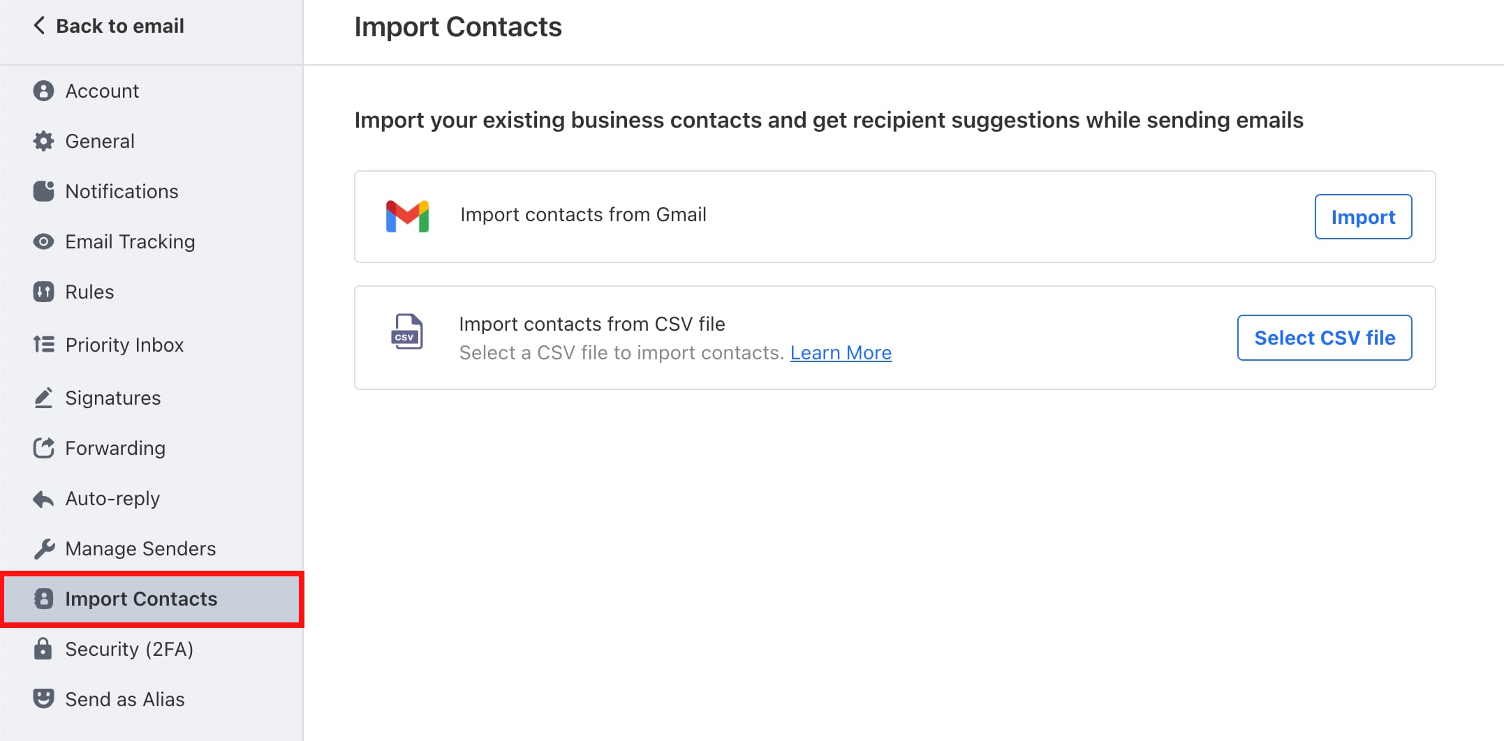 The feature to Import Contacts in Titan Email's settings 