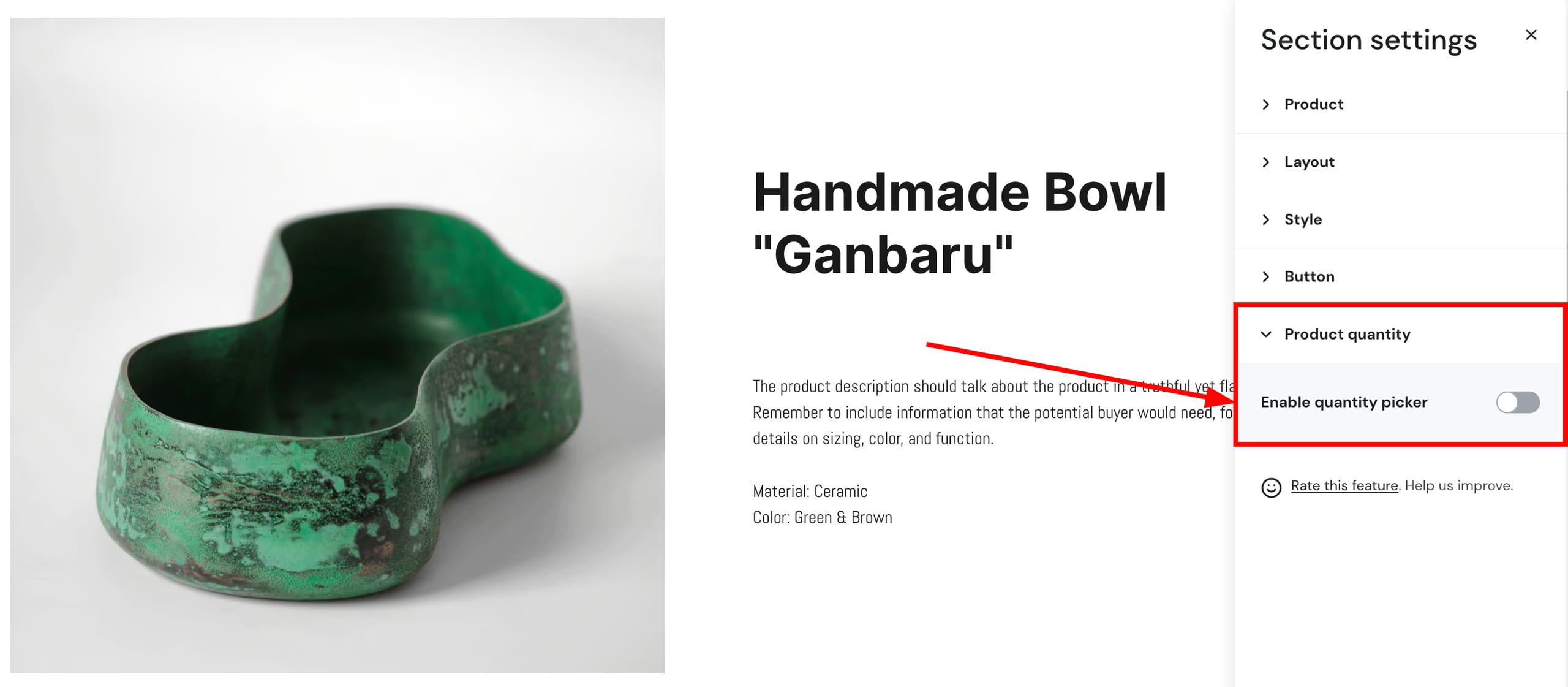 Disabling product quantity picker in the product section settings