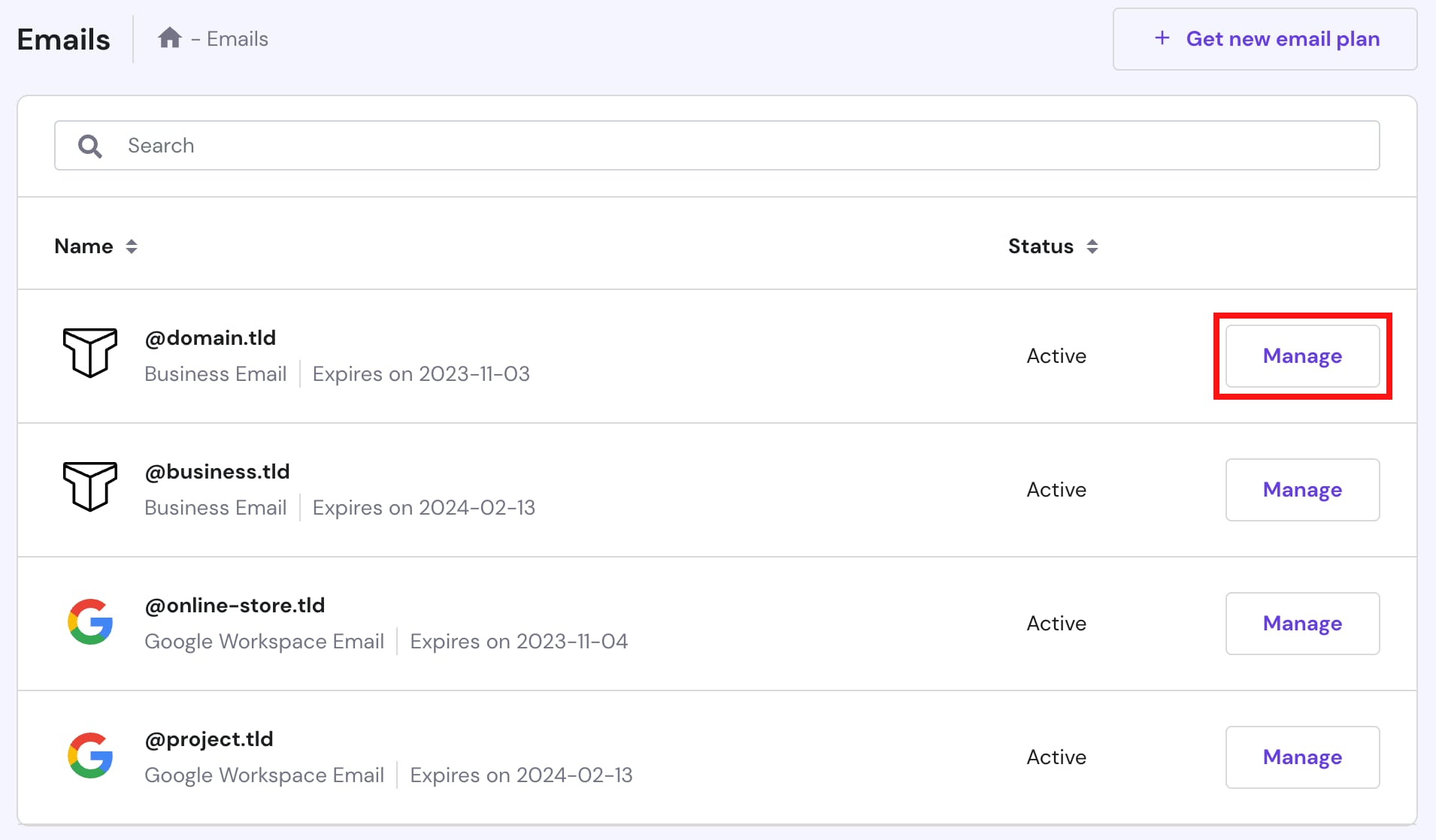 The button Manage for managing Titan Email service in hPanel → Emails