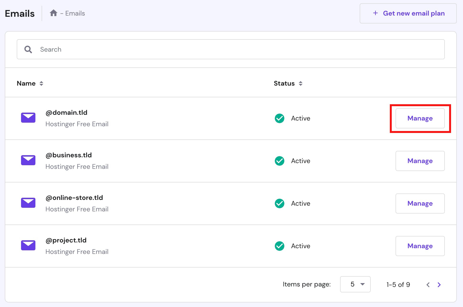 The button Manage in hPanel → Emails to manage an email service