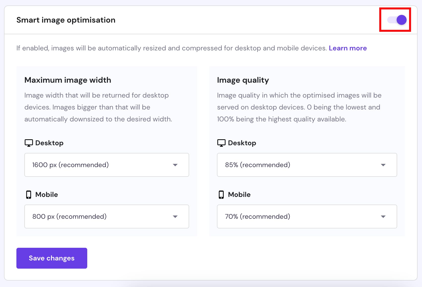 The option to automatically resize and compress images for desktop and mobile devices