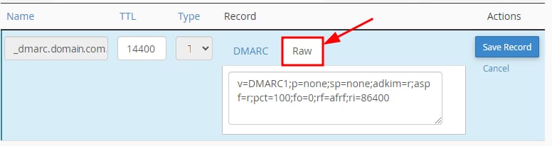 The DMARC record type options showing thow to select Raw