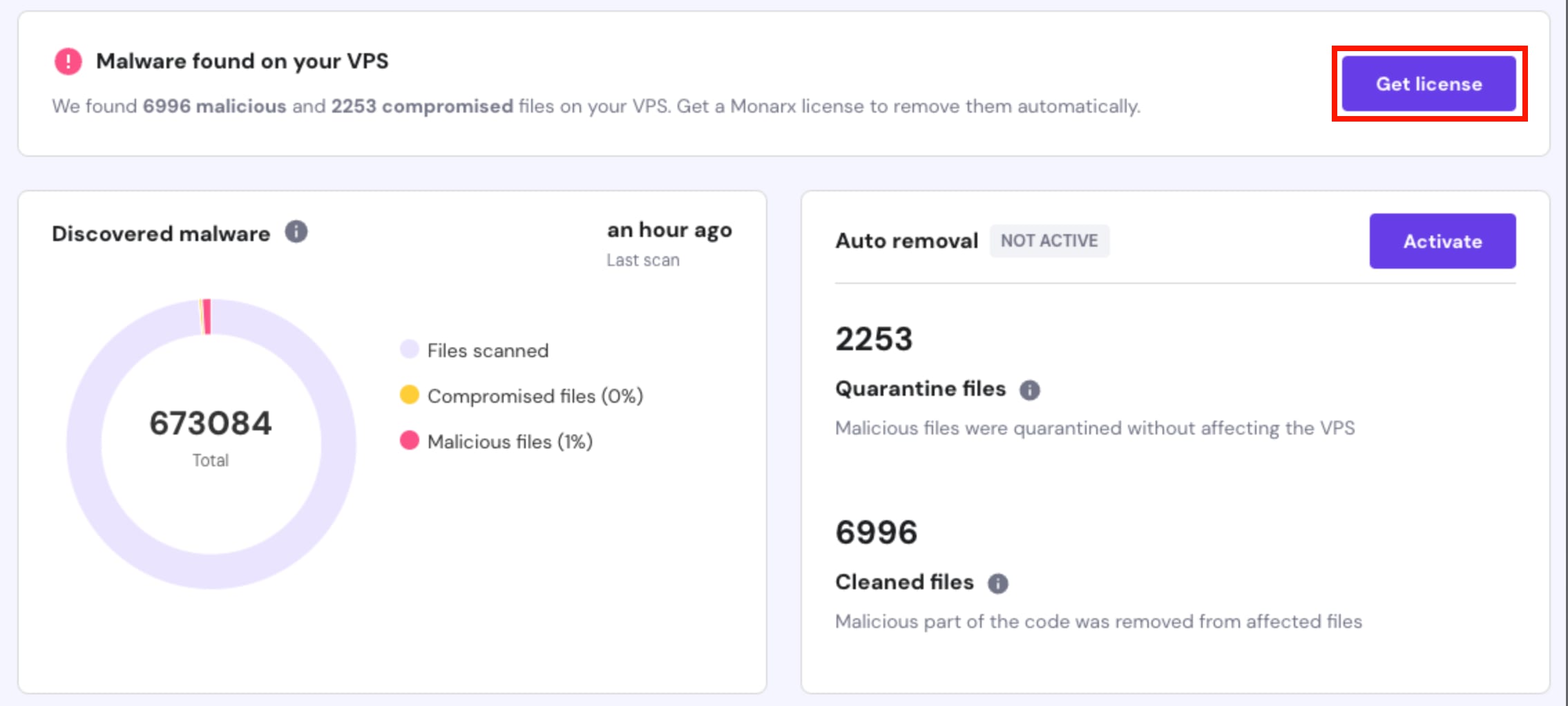 Purchasing a Monarx license for the VPS Malware Scanner at Hostinger