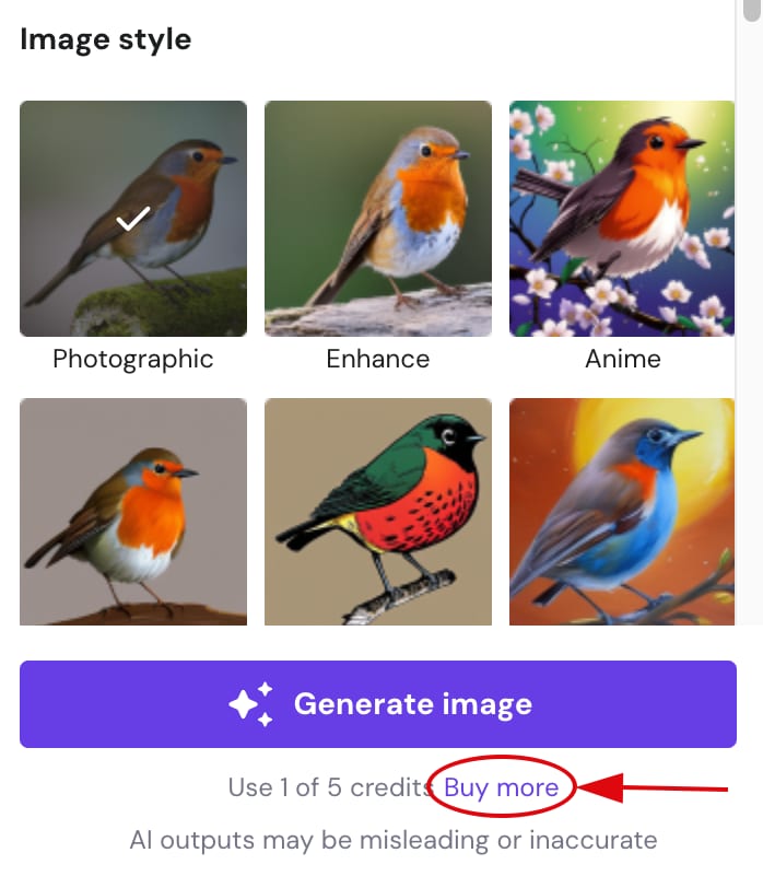 Purchasing credits to use AI Image Generator
