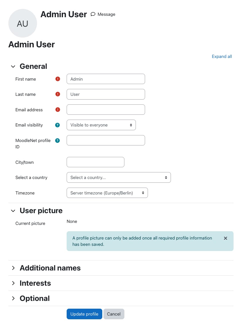 Changing Moodle admin account details
