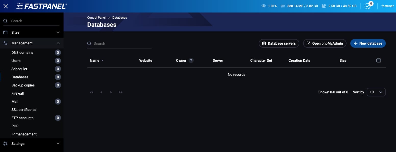 The FASTPANEL database management page
