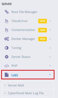 How to reach the CyberPanel log files from the sidebar