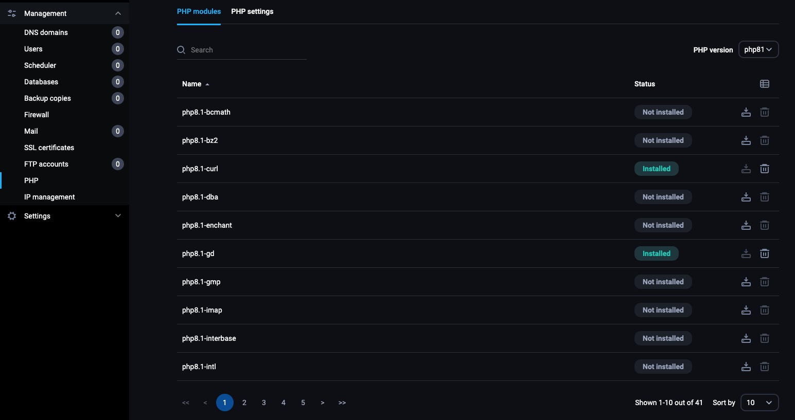 The FASTPANEL PHP settings page