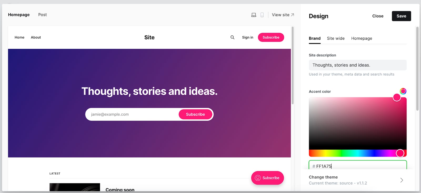 The design settings in Ghost