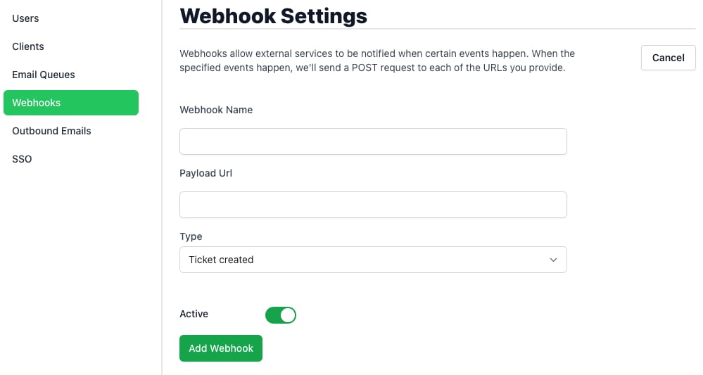 The Peppermint.sh Webhook Settings page
