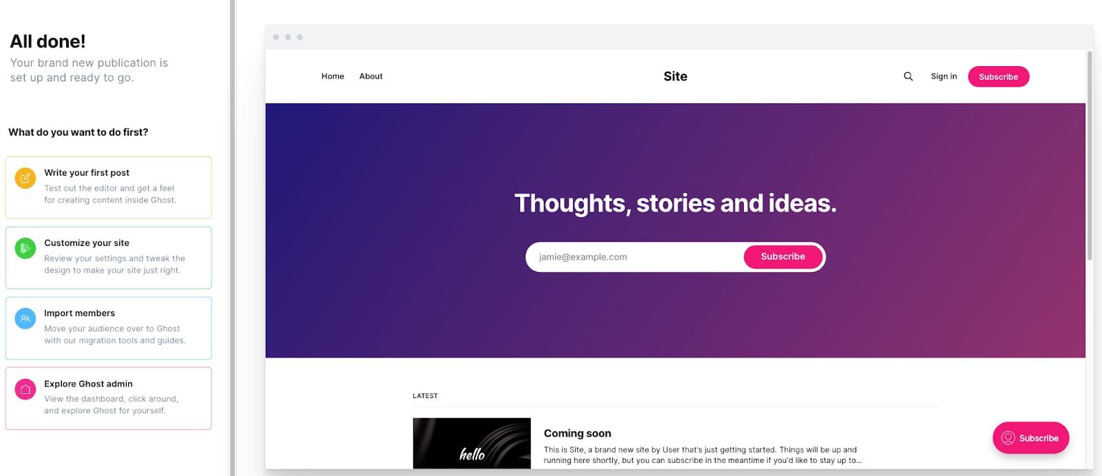 Creating an admin account at Ghost